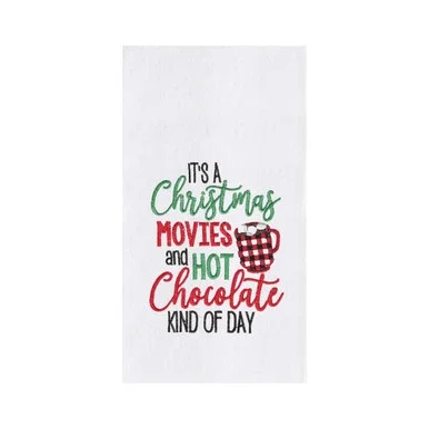Movies & Hot Chocolate Christmas Holiday Machine Washable Cotton Flour Sack Kitchen Towel Decor Decoration