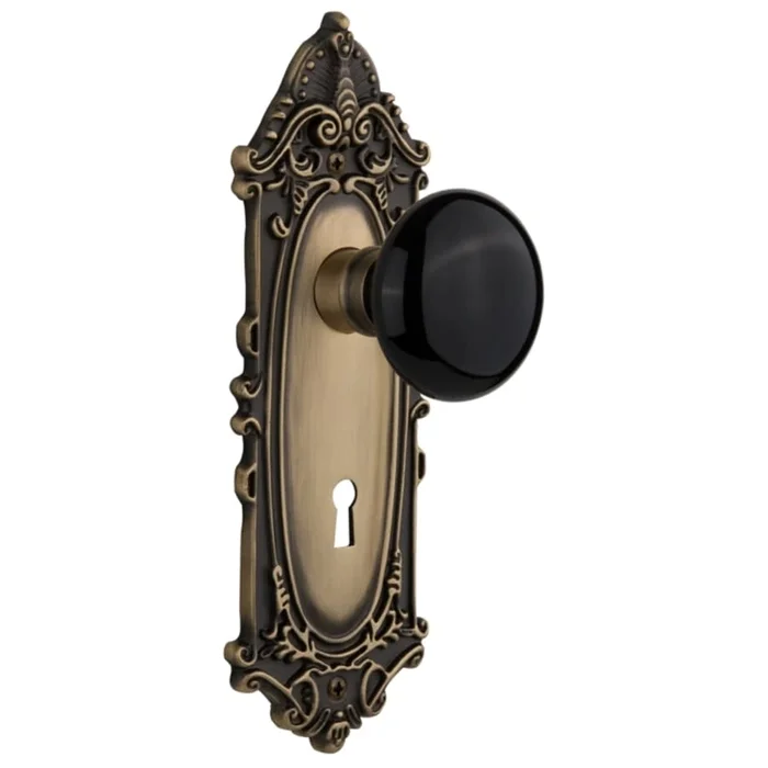 Nostalgic Warehouse Black Porcelain Solid Brass Passage Door Knob Set with Victorian Rose, Keyhole and 2-3/4″ Backset