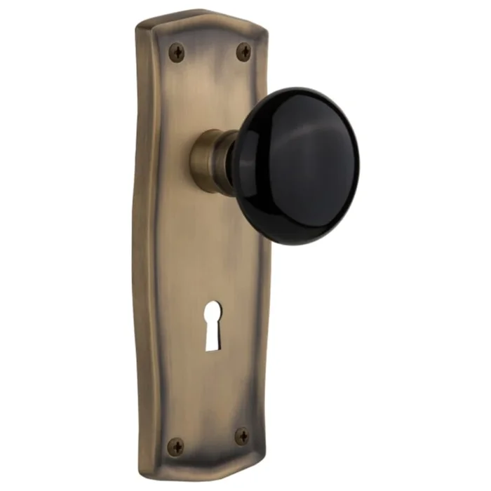 Nostalgic Warehouse Black Porcelain Solid Brass Privacy Door Knob Set with Prairie Rose, Keyhole and 2-3/8″ Backset