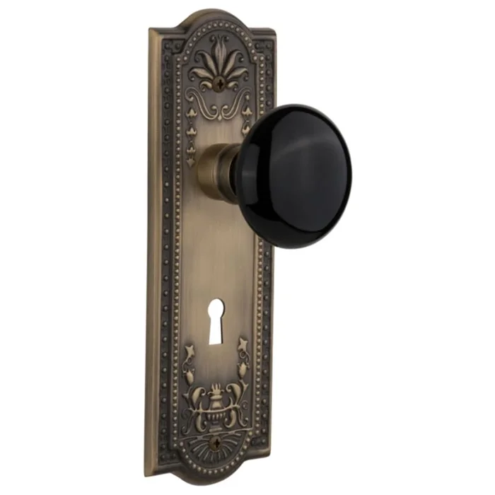 Nostalgic Warehouse Black Porcelain Solid Brass Single Dummy Door Knob with Meadows Rose and Keyhole