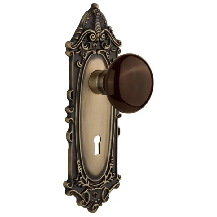 Nostalgic Warehouse Brown Porcelain Solid Brass Single Dummy Door Knob with Victorian Rose and Keyhole