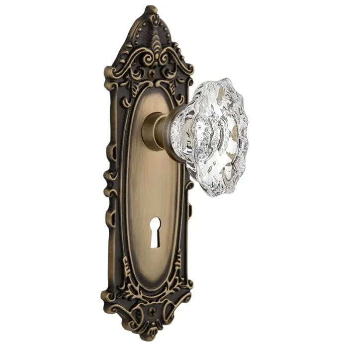 Nostalgic Warehouse Chateau Solid Brass Passage Door Knob Set with Victorian Rose, Keyhole and 2-3/4″ Backset