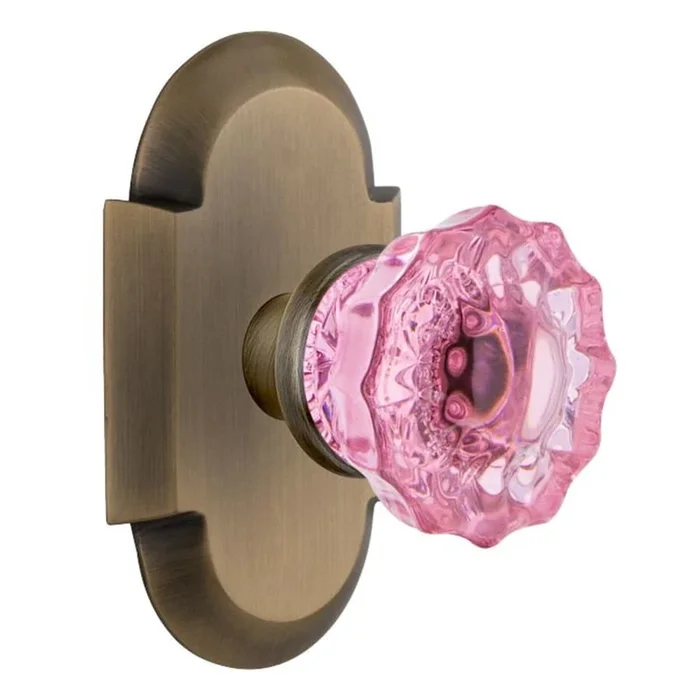 Nostalgic Warehouse Cottage Solid Brass Rose Privacy Door Knob Set with Pink Crystal Knob and 2-3/8″ Backset