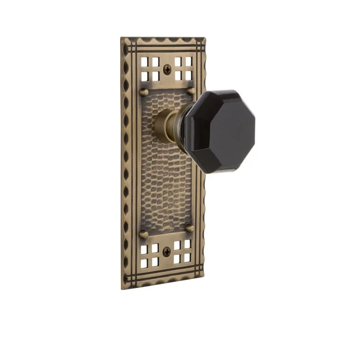 Nostalgic Warehouse Craftsman Solid Brass Rose Privacy Door Knob Set with Black Waldorf Knob and 2-3/8″ Backset