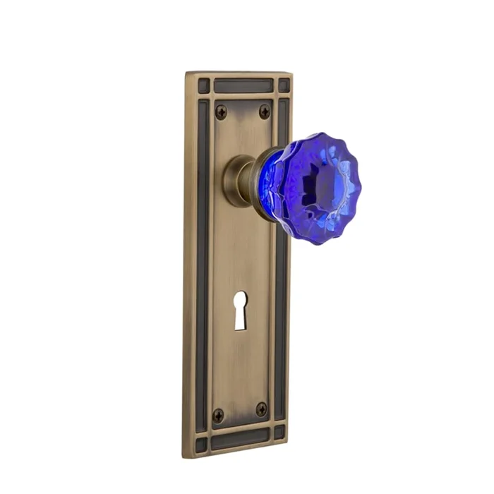 Nostalgic Warehouse Mission Solid Brass Rose Passage Door Knob Set with Cobalt Crystal Knob and Decorative Keyhole for 2-3/8″ Backset