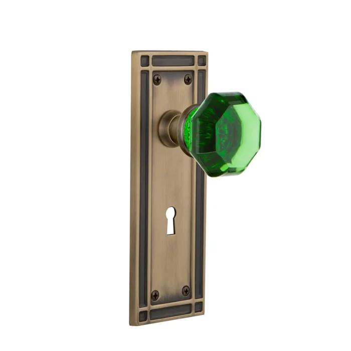 Nostalgic Warehouse Mission Solid Brass Rose Passage Door Knob Set with Emerald Waldorf Knob and Decorative Keyhole for 2-3/8″ Backset