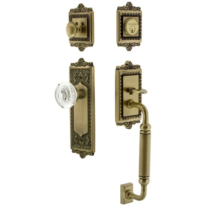 Nostalgic Warehouse Vintage Crystal Sectional Keyed Entry Door Handleset with Crystal Egg and Dart Interior Knob, C Handle Grip and 2-3/4″ Backset