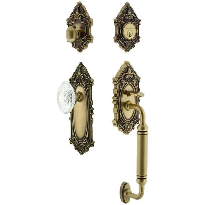 Nostalgic Warehouse Vintage Crystal Sectional Keyed Entry Door Handleset with Crystal Victorian Interior Knob, C Handle Grip and 2-3/8″ Backset