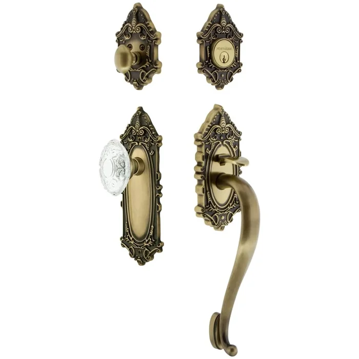 Nostalgic Warehouse Vintage Crystal Sectional Keyed Entry Door Handleset with Crystal Victorian Interior Knob, S Handle Grip and 2-3/8″ Backset
