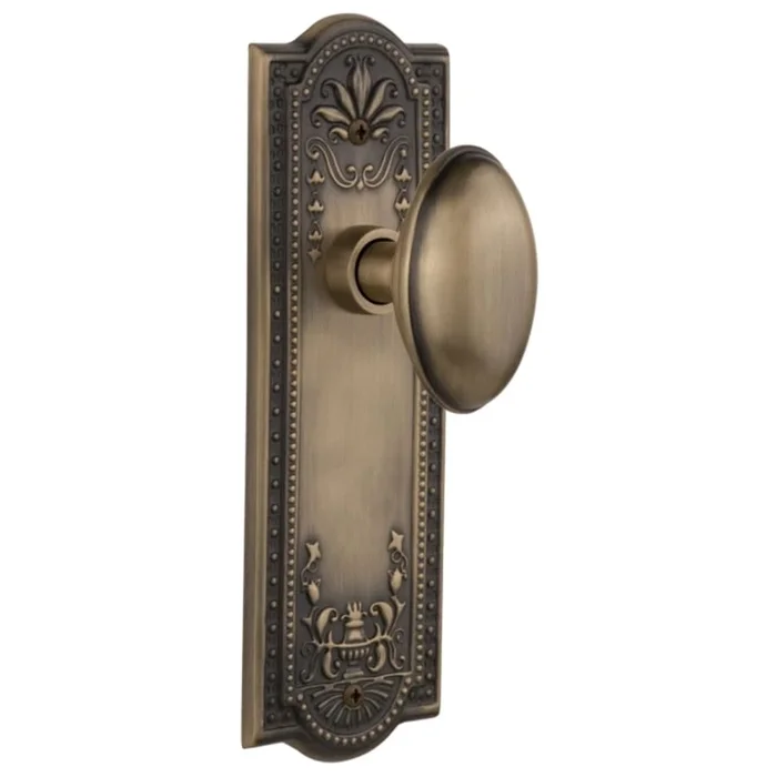 Nostalgic Warehouse Vintage Farmhouse Egg Shaped Homestead Solid Brass Passage Door Knob Set with Meadows Rose and 2-3/4″ Backset