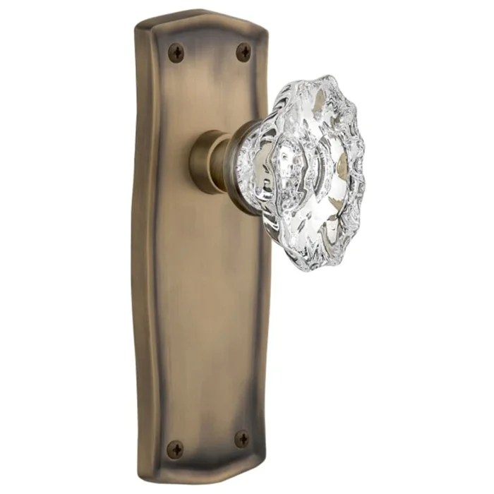 Nostalgic Warehouse VIntage Fluted Chateau Crystal Privacy Door Knob Set with Solid Brass Prairie Backplate and 2-3/8″ Backset