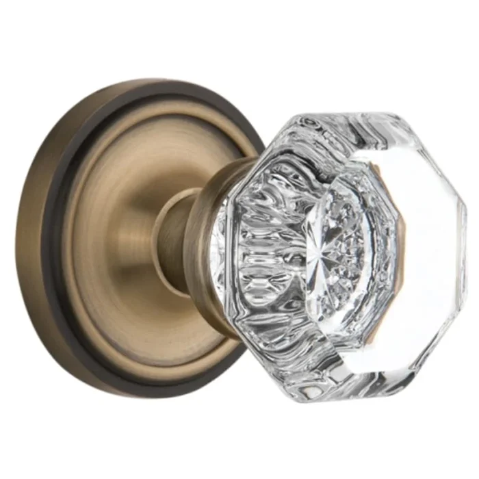 Nostalgic Warehouse Vintage Luxe Waldorf Lead Crystal Octagon Passage Door Knob Set with Solid Brass Classic Rose Plate and 2-3/4″ Backset