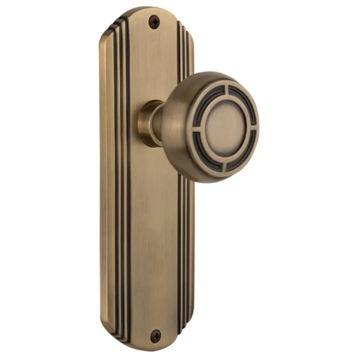 Nostalgic Warehouse Vintage Mission Solid Brass Passage Door Knob Set with Art Deco Plate and 2-3/8″ Backset