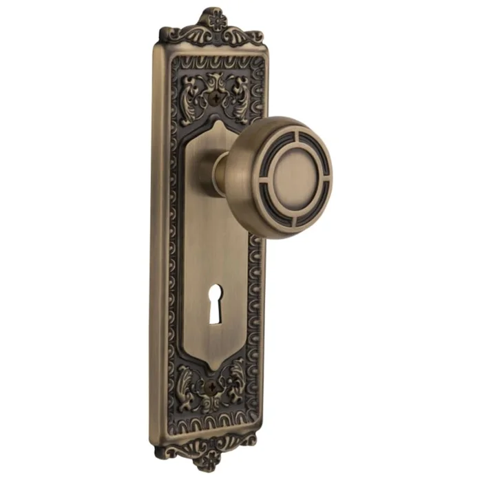 Nostalgic Warehouse Vintage Mission Solid Brass Privacy Door Knob Set with Victorian Egg and Dart Plate, Keyhole and 2-3/4″ Backset