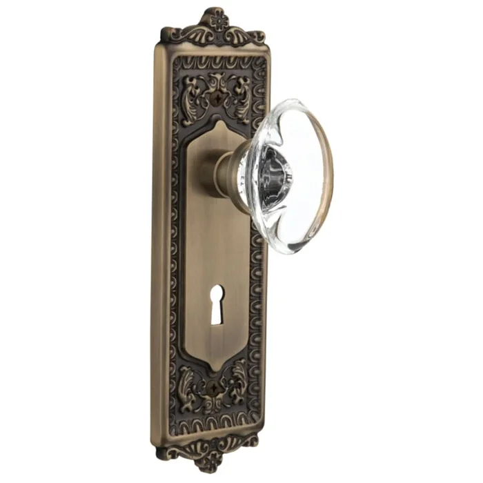Nostalgic Warehouse Vintage Oval Egg Clear Crystal Vintage Skeleton Key Retrofit Entry Handleset Trim with Solid Brass Victorian Egg and Dart Back Plate, Keyhole and 2-1/4″ Backset
