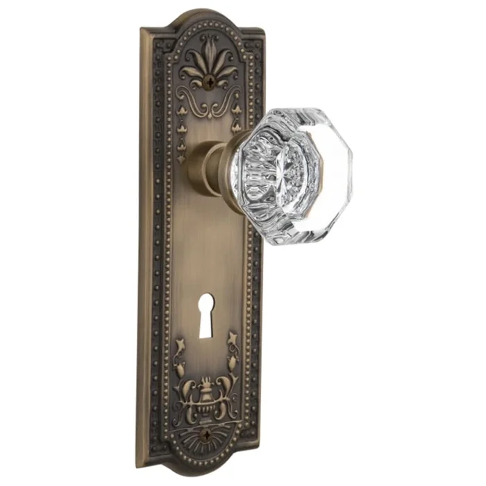 Nostalgic Warehouse Vintage Waldorf Gem Cut Octagon Crystal Passage Door Knob Set with Solid Brass Meadows Rose, Keyhole and 2-3/4″ Backset