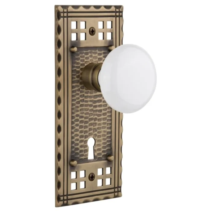 Nostalgic Warehouse Vintage White Porcelain Privacy Door Knob Set with Forged Brass Long Craftsman Plate, Keyhole and 2-3/8″ Backset