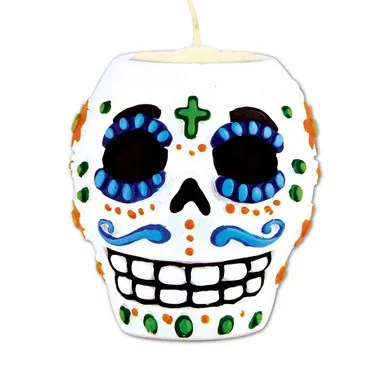 Pack of 6 Blue and Green Male Day of The Dead Skull Tea Light Candle Holder 6 oz.