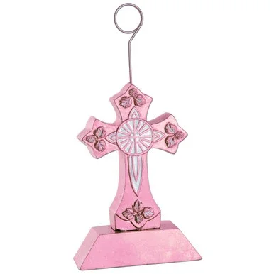 Pack of 6 Pink and White Cross Photo or Balloon Holder Party Decorations 6 oz.