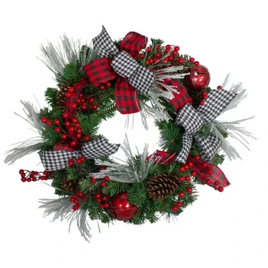 Plaid and Houndstooth and Red Berries Artificial Christmas Wreath – 24-Inch, Unlit