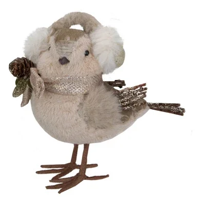 Plush Glitter Bird in Earmuffs Christmas Figure – 6″ – Beige and Brown