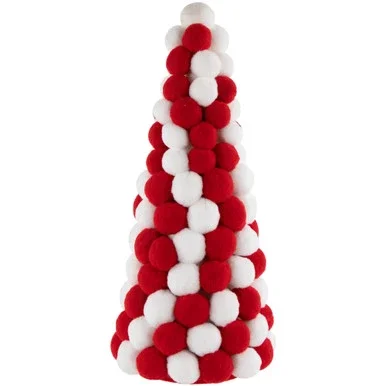 Pom Pom Cone Tree Christmas Decoration – 13″ – White and Red