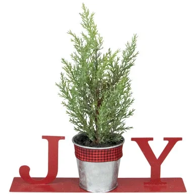 Potted Faux Pine in Metal “JOY” Planter Christmas Decoration – 10″ – Red