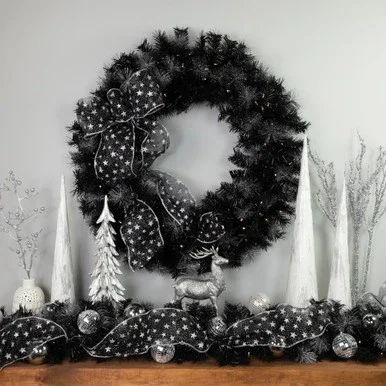 Pre-Lit Battery Operated Black Bristle Christmas Wreath – 36″ – Warm White LED Lights