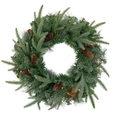 Pre-Lit Battery Operated Mixed Pine and Pine Cone Christmas Wreath – 24″ – Warm White LED Lights