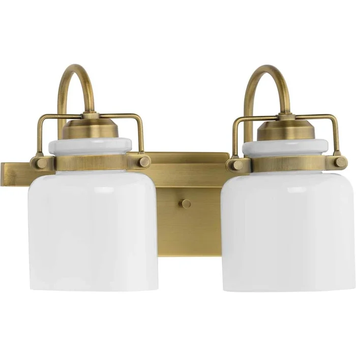 Progress Lighting Fessler Collection Two-Light Vintage Brass Opal Glass Farmhouse Bath Light