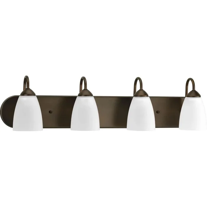 Progress Lighting Gather Collection Four-Light Antique Bronze Etched Glass Traditional Bath Vanity Light