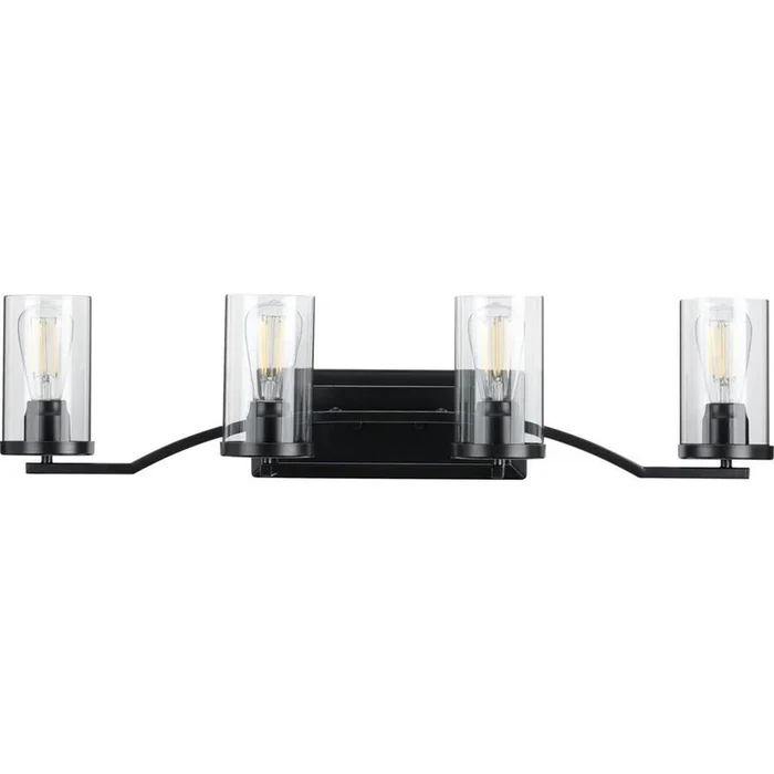 Progress Lighting Lassiter Collection Four-Light Matte Black Clear Glass Modern Bath Vanity Light