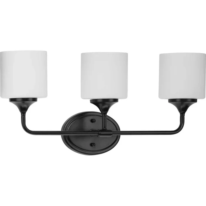 Progress Lighting Lynzie Collection Three-Light Matte Black Etched Opal Glass Modern Bath Vanity Light