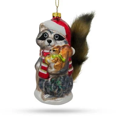 Raccoon Holding Squirrel Glass Christmas Ornament 4.75 Inches – CC-0091