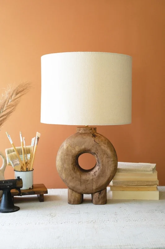 Recycled Wood Table Lamp Base with Fabric Shade