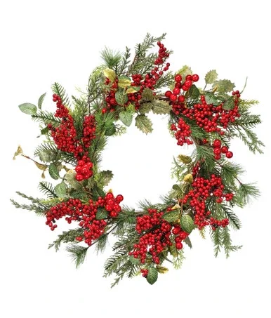 Red and Green Berries, Iced Hollies and Cedar Christmas Wreath -24-Inch, Unlit