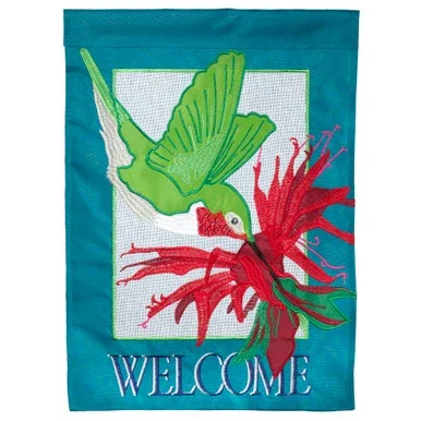 Red and Green Hummingbird “WELCOME” Applique Outdoor Garden Flag 42″ x 29″