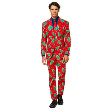 Red and Green Pine Tree Print Men’s Adult Christmas Suit – US50