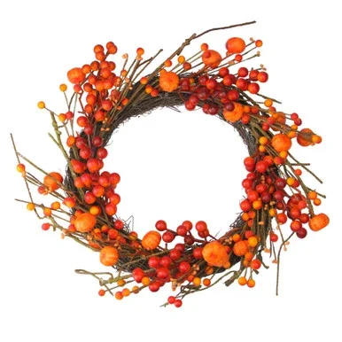 Red and Orange Fall Berry and Mini Pumpkin Artificial Thanksgiving Wreath – 20-Inch, Unlit