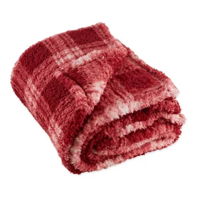 Red and White Plush Plaid Rectangular Polyester Decorative Throw 50″ x 60″