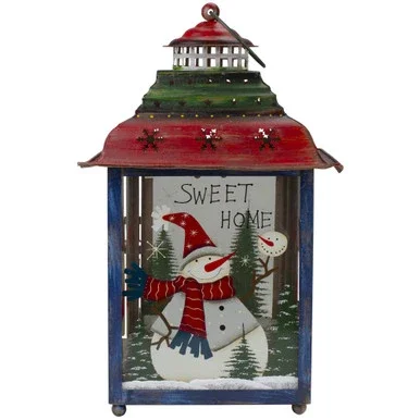 Red, Green and Blue Snowman Christmas Candle Lantern 15″