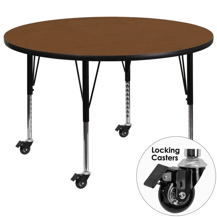 Roseto 42 Inch Round Steel Framed Wood Top Adjustable Activity Table with Locking Casters
