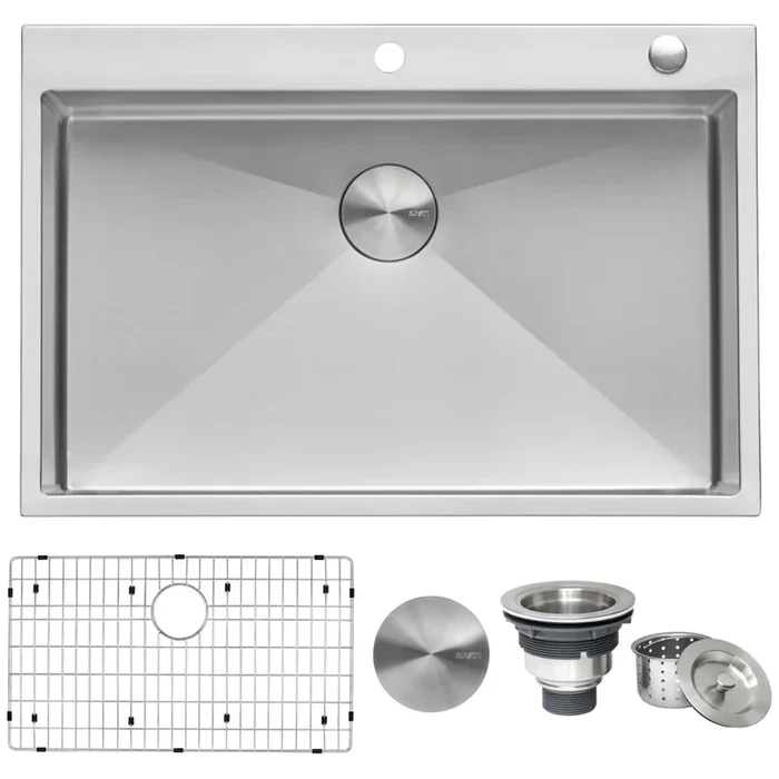 Ruvati Tirana 33″ Drop In Single Basin 16 Gauge Stainless Steel Kitchen Sink with Basin Rack and Basket Strainer
