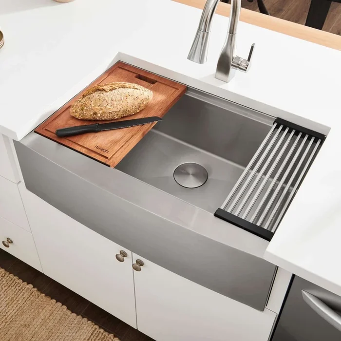 Ruvati Verona 30″ Farmhouse Single Basin 16 Gauge Stainless Steel Kitchen Sink with Cutting Board, Colander, Basket Strainer, and Sink Grid