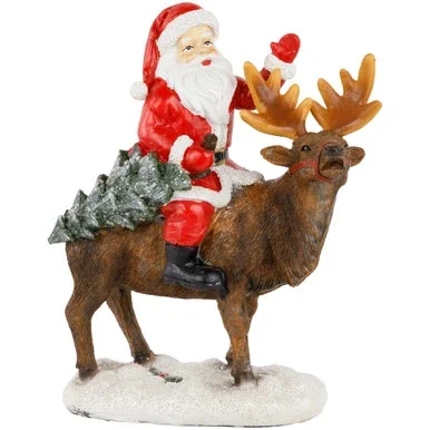 Santa Claus on a Reindeer Holding a Frosted Pine Tree Christmas Figurine – 8.25″