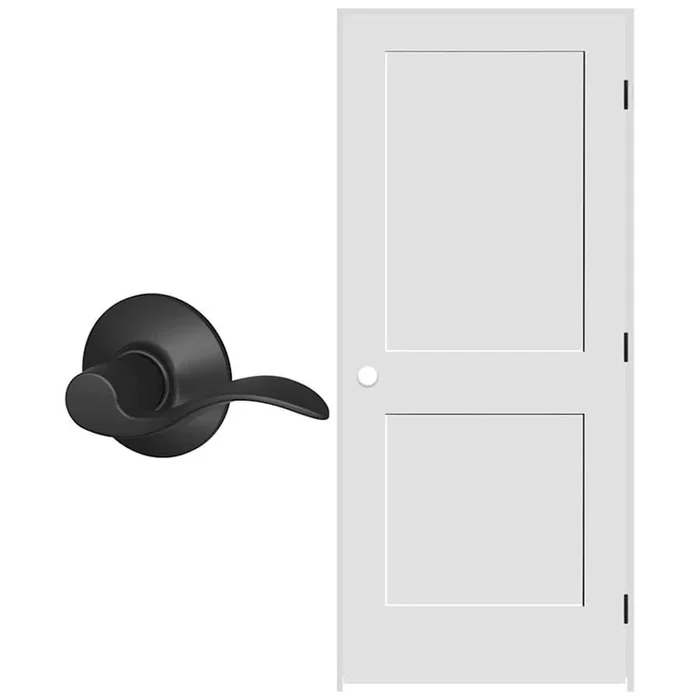 Schlage 32″ W x 80″ H Double Panel Right Handed Interior Prehung Door with 6-9/16″ Door Jamb and Accent Passage Door lever Set