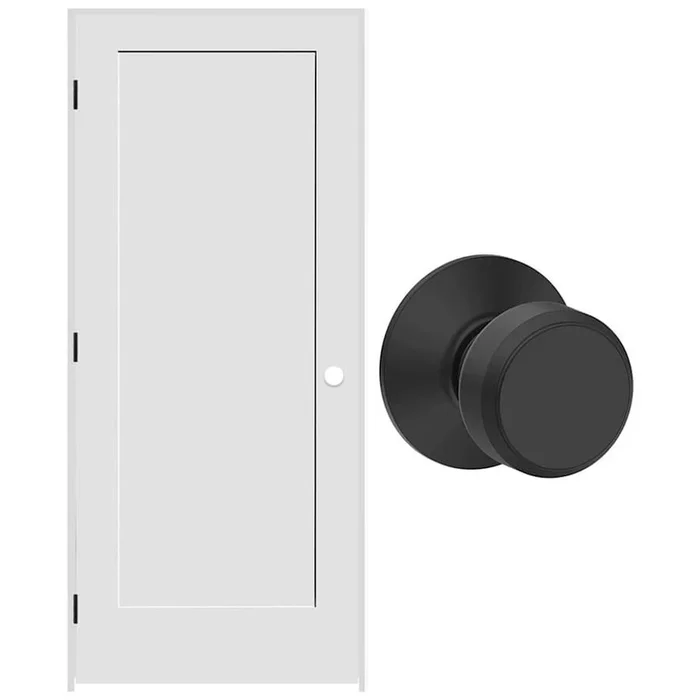 Schlage 32″ W x 80″ H Single Panel Left Handed Interior Prehung Door with 6-9/16″ Door Jamb and Bowery Passage Door Knob Set