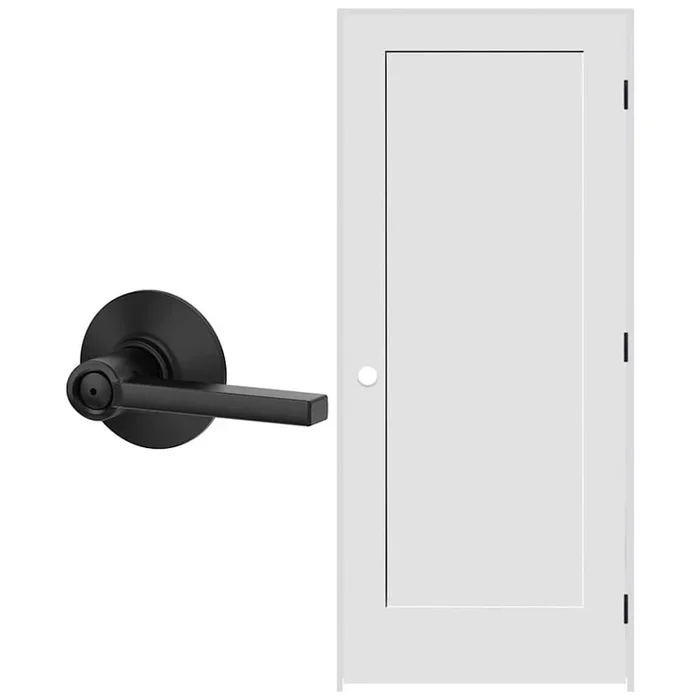 Schlage 32″ W x 80″ H Single Panel Right Handed Interior Prehung Door with 4-9/16″ Door Jamb and Latitude Privacy Door Lever Set