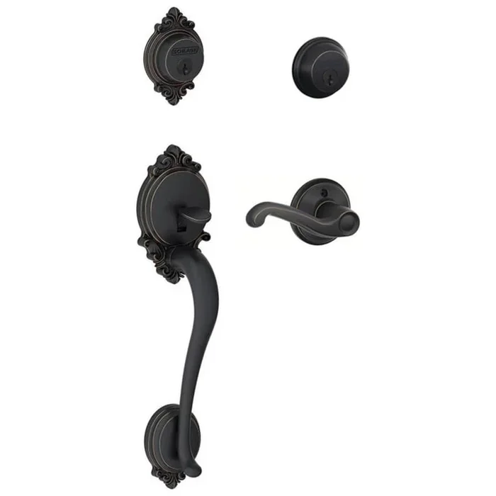 Schlage Brookshire Double Cylinder Handleset with Right Handed Interior Flair Lever from the F-Series