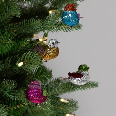 Sequined Birds Clip-On Christmas Ornaments – 2.75″ – Set of 8